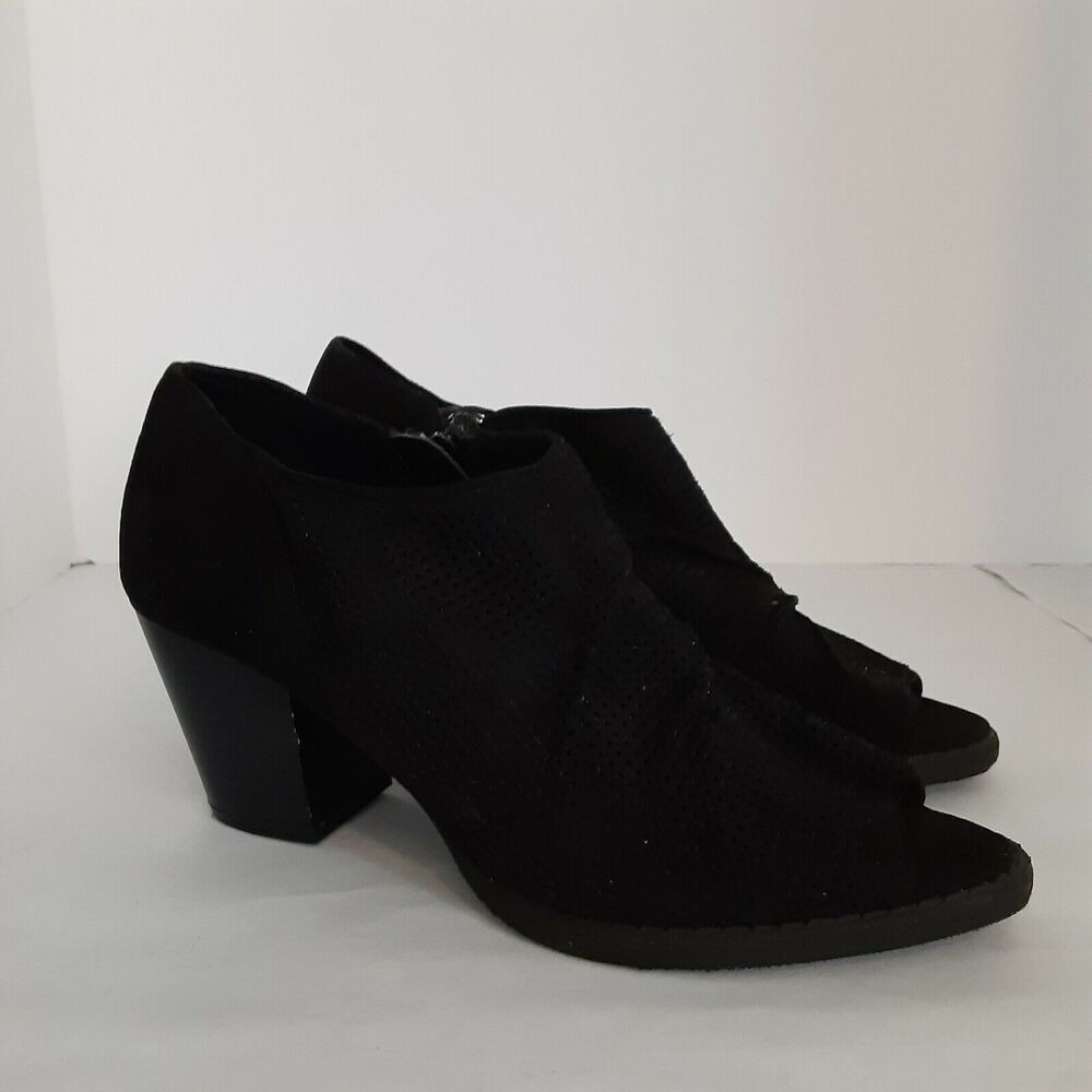 Mia "Portia" Open Toe Bootie sz 9M Vegan Suede, Chunk Heel